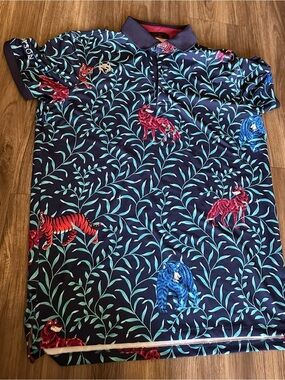 Greyson golf  performance fabric  Teal Leaf Print and Red & Blue Anima.